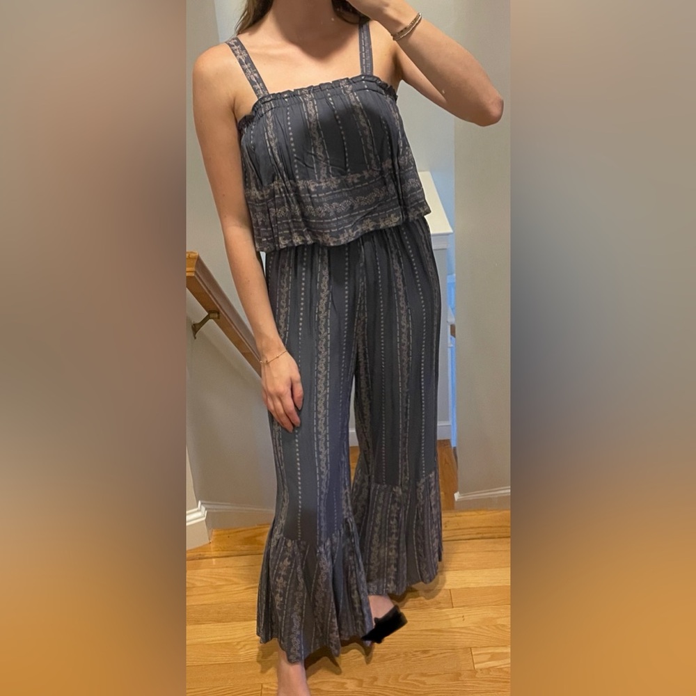 Japna Bohemian Smocked Floral Wide Leg Jumpsuit, Blue/Gray/White, Size XS, EUC